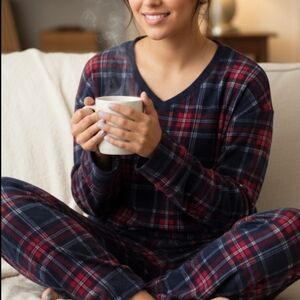 Nautica Fleece Red & Navy Blue Plaid Pajama Set, L